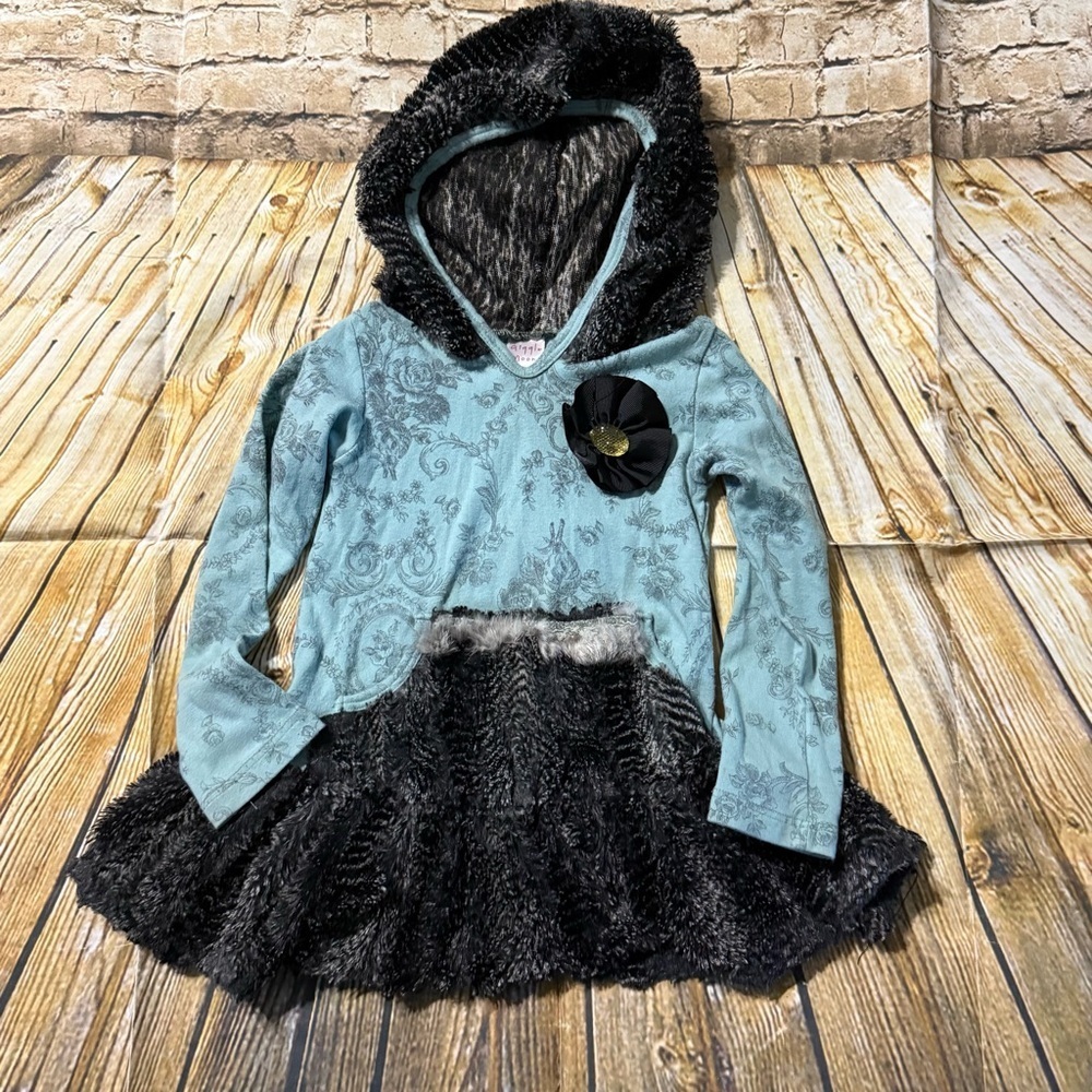 Giggle Moon Blue Black Floral Print Hooded Tunic Top